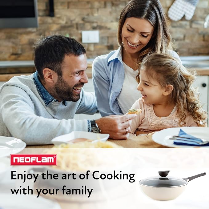 Neoflam Eela 12'' Non Stick Chef's Wok with Glass Lid, Stir Fry Pan and POFA-Free Ceramic Coating for Cooking Saute Vegetables, Meat, Fish, 12 inch, Ivory (Handle assemble required)