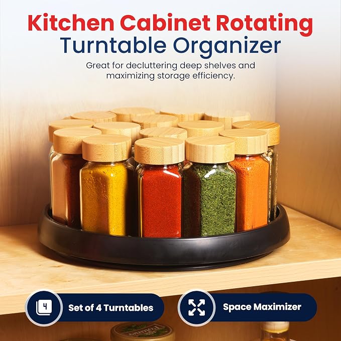 Oizeir 10 Inch Lazy Susan (Set of 4) - Non-Skid Turntable for Cabinet to Maximize Storage and Simplify Accessibility in Kitchen, Bathroom, and Pantry Spaces (Black)