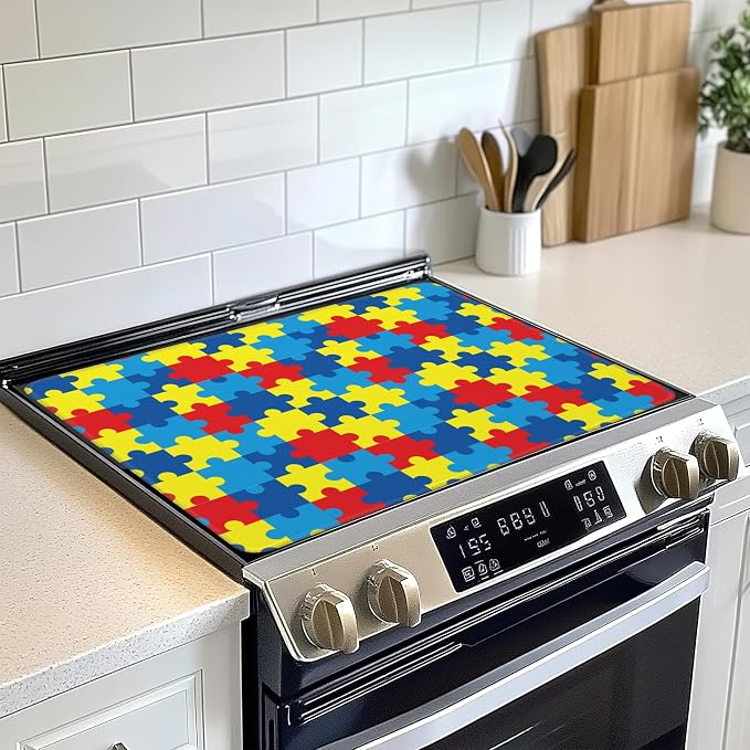 Electric Stove Top Cover Protector,Autism Awareness Puzzle Glass Flat Top Stove Mat,Heat-Resistant Oven Induction Cooktop Mat for Ceramic Countertop Mats Dish Drying Mat