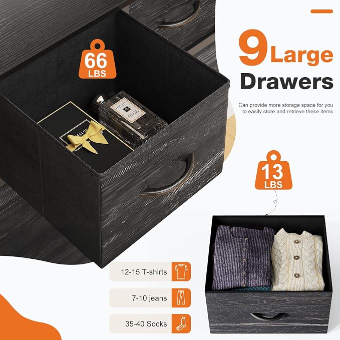 Sweetcrispy 9 Drawer Fabric Dresser Storage Tower Drawer Organizer | Sturdy Steel Frame with Wood-top, Easy-pull Handles, Space-Saving Organizer Chest for Bedroom, Closet, Black Wood Grain