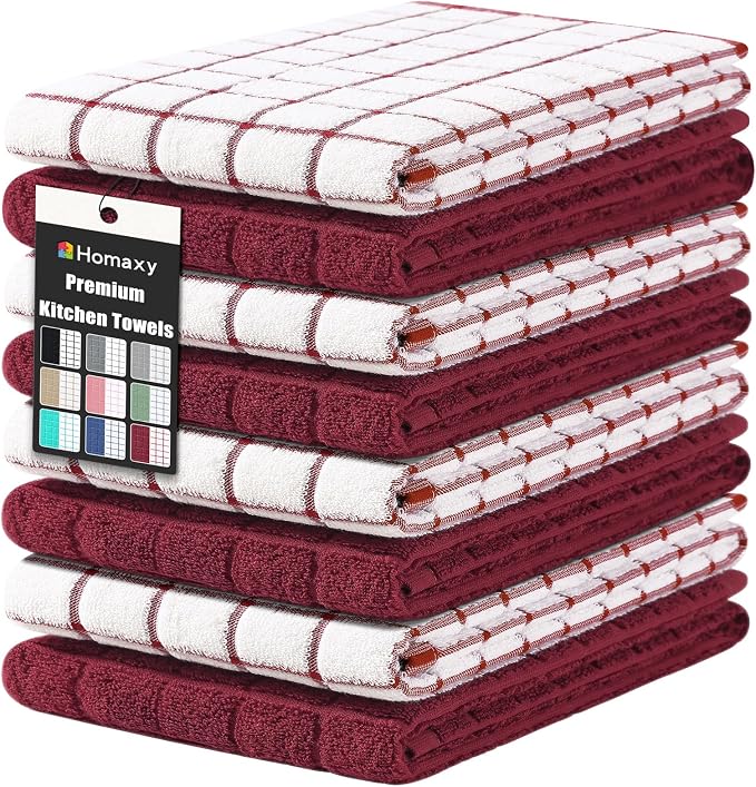 Homaxy Large Premium Cotton Kitchen Towels 16"x 28", 8 Pack, Red | Natural Ring Spun 390 GSM Dish Towels, Super Absorbent Terry Kitchen Hand Towels, Soft Tea Towels with Hanging Loop
