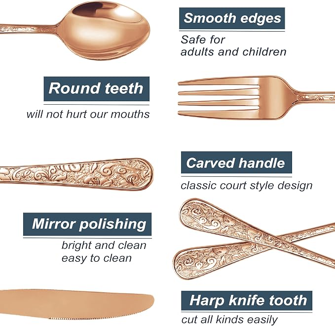 Runfly Vintage Carved Rose Gold Stainless Steel 20-Piece Flatware Set | Silverware Set, Modern Embossed Cutlery Set Utensils Kitchen Including Fork Spoon and Knife
