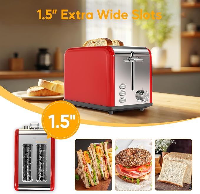 HealSmart 2-Slice Stainless Steel Toaster, 6 Browning Setting and 3 Function Toaster, Extra Wide Slot & Removable Crumb Tray, for Bread & Waffle, Red