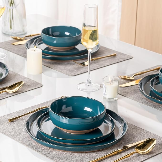 AmorArc Dinnerware Sets for 4, 12 Pieces Ceramic Plates and Bowls Set | Scratch Resistant Stoneware Dishes Set, Dishwasher & Microwave Safe,Deep Green