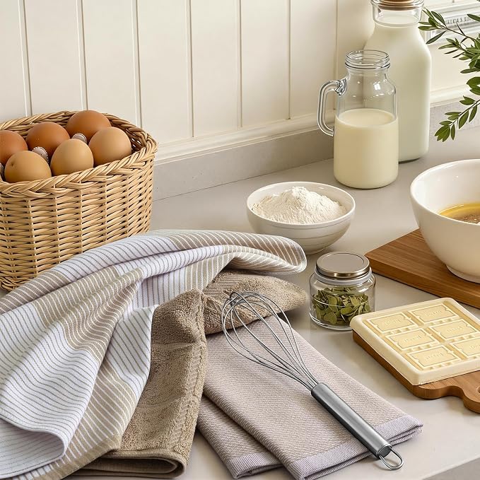 Homaxy 6 Pack Cotton Terry Premium Kitchen Towels, 18 x 28 in, Khaki | Large 380 GSM Dish Towels, Highly Absorben Flat & Terry Kitchen Hand Towels, Soft Utility Tea Towel Set with Hanging Loop