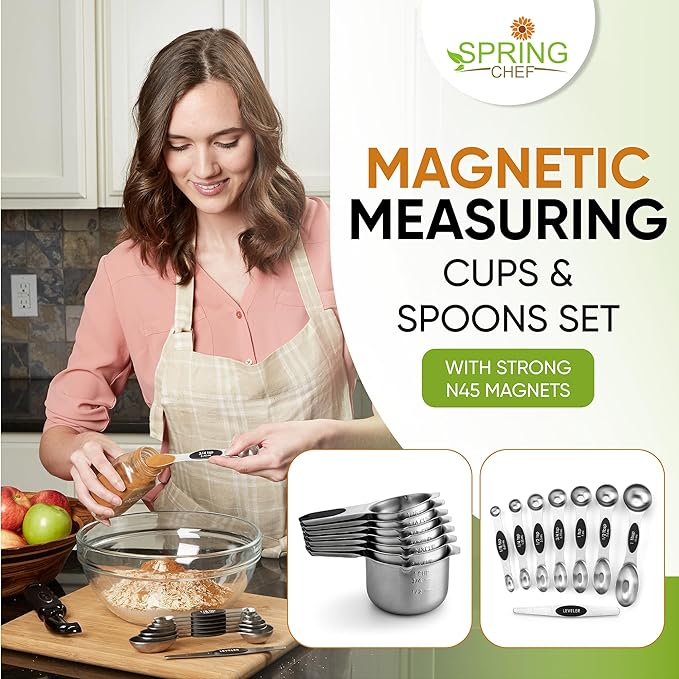 Spring Chef Magnetic Measuring Cups & Spoons Set of 15, Patented, Black | Stackable Stainless Steel Measuring Cups & Heavy Duty Metal Measuring Spoons with Levelers for Dry & Liquid Ingredients