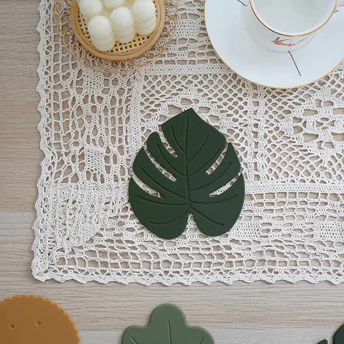 Monstera Drink Coasters 2 Pack, Silicone Coaster for Drinks, Green Soft Rubber Coaster, Protect Furniture from Water Marks or Damage, Non Slip Coasters (Small, Monstera)
