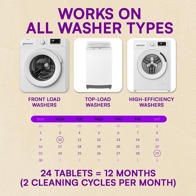 Washing Machine Cleaner Tablets 24 Pack for HE Front Load, Top Load Washing Machine Cleaning Tablets Descaler and Deodorizer, Formulated for Pet Owners, 1 Year Supply Laundry Washer Cleaner