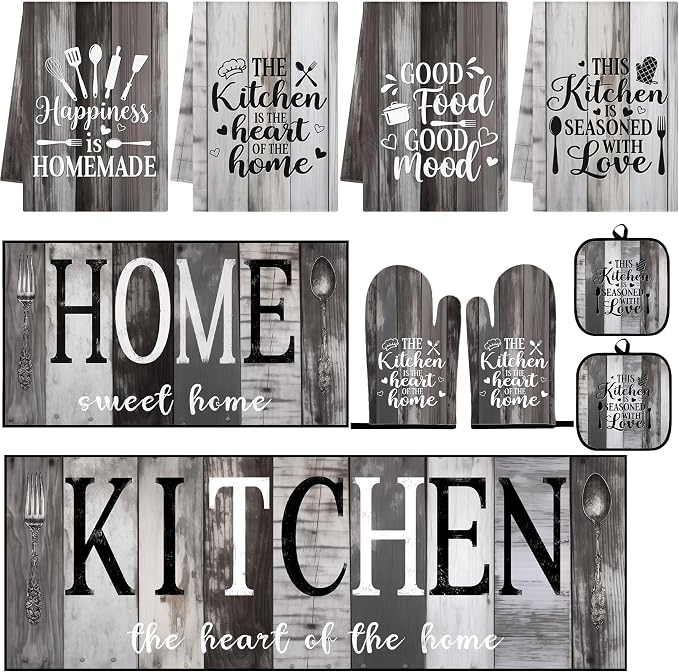 10 Pcs Kitchen Decor and Accessories Set, Rustic Country Vintage | Western 4 Dish Towels Kitchen Rugs 2 Oven Mitts 2 Pot Holders, Home Decor for Cooking Baking BBQ Gifts Women Mom Housewarming