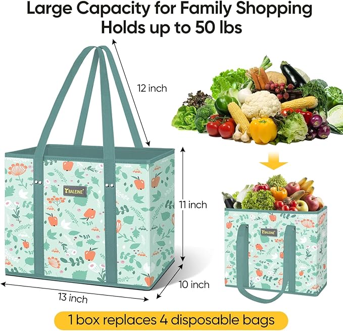 BALEINE 3PK Reusable Grocery Bags, Heavy Duty Shopping Tote Bag | 12'' Long Handles, Reinforced Bottom Keeps Upright, Fold Flat Storage, Water-Resistant Shopping Bag, Multiple Color Options