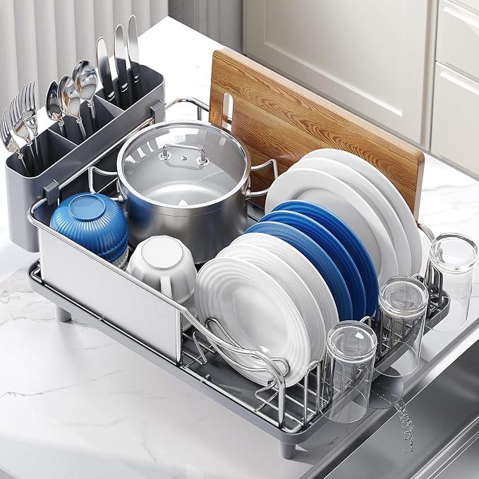 Urackify Stainless Steel Dish Drying Rack for Kitchen Counter, 16.9" x12.4" | Rustproof dish rack with utensil holder, 16.9" L x 12.4" W Large Capacity, Dish Drainer for Plates Dishes Sliverware, Grey