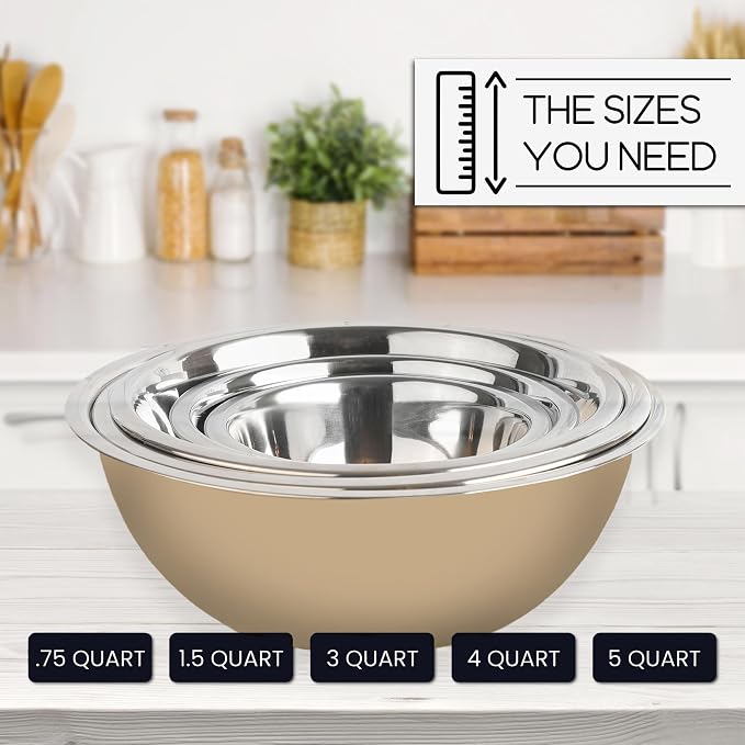 WHYSKO Stainless Steel Mixing Bowls Set, 5-Piece Meal Prep & Food Storage | .75, 1.5, 3, 4 & 5 Quart Metal Mixing Bowls Set for Prep, Serving, Baking & Food Storage, Ecofriendly, Dishwasher Safe, Khaki