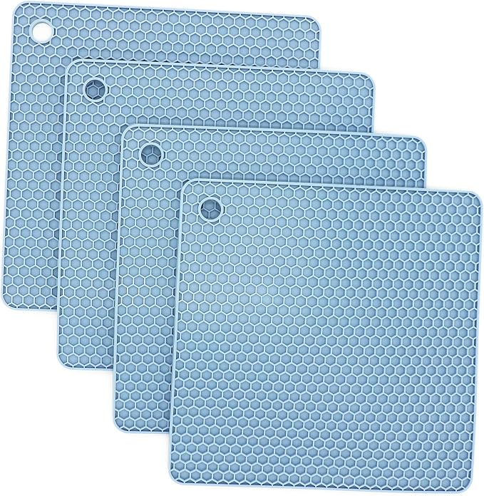 Silicone Trivets for Hot Dishes, Pots and Pans, Hot Pads for Kitchen, Blue Silicone Pot Holders Mats for Kitchen Quartz Counter Heat Resistant Mat, Flexible Table Trivet Mat Set 4