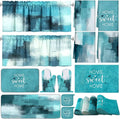 16 Pcs Turquoise Kitchen Decor and Accessories Set 4 Teal Abstract Area Kitchen Towels 2 Non Slip Rugs and Mats 2 Modern Grey Oven Mitts 2 Pot Holders 4 Placemats 2 Curtains for Home Decoration Gift