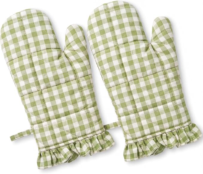 Twistover Checkered Oven Mitts 2-Pack Set, Cotton Gloves,Green | 13.5x6.5 Inch Size with Ruffle Trim, Non-slip Heat Resistant for Baking BBQ Microwave, Plaid Cotton for Cooking