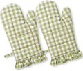 Twistover Checkered Oven Mitts 2-Pack Set, Cotton Gloves,Green | 13.5x6.5 Inch Size with Ruffle Trim, Non-slip Heat Resistant for Baking BBQ Microwave, Plaid Cotton for Cooking