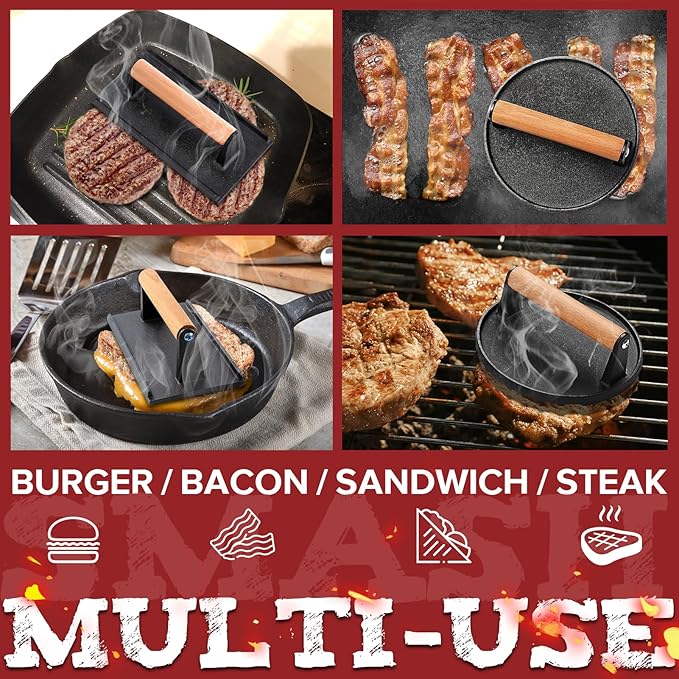 Grilliance Smash Burger Press Kit, 3 in 1 Hamburger Press Patty Maker, Black Cast Iron Burger Press Round & Rectangle, 100pcs Wax Paper for Grill, Griddle, Flat top, Kitchen, Cooking