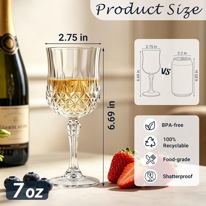 12Pack Plastic Wine Glasses, 7oz Vintage Goblets for Wedding | Unbreakable Crystal Style Reusable Stemware, Elegant Clear Drinking Glass for Party Anniversary & Holiday Celebration