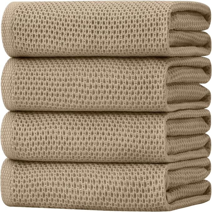 Homaxy 100% Cotton Oversized Waffle Weave Kitchen Towels 4-Pack, Tan | 20 x 28 Inches, Ultra Soft Absorbent Dish Towels, Quick Drying Large Cleaning Towels