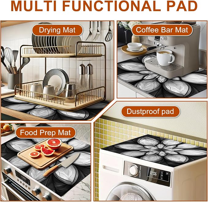 HOMETITUTE Stove Top Cover 28x20 Black White Floral Heat Resistant Mat