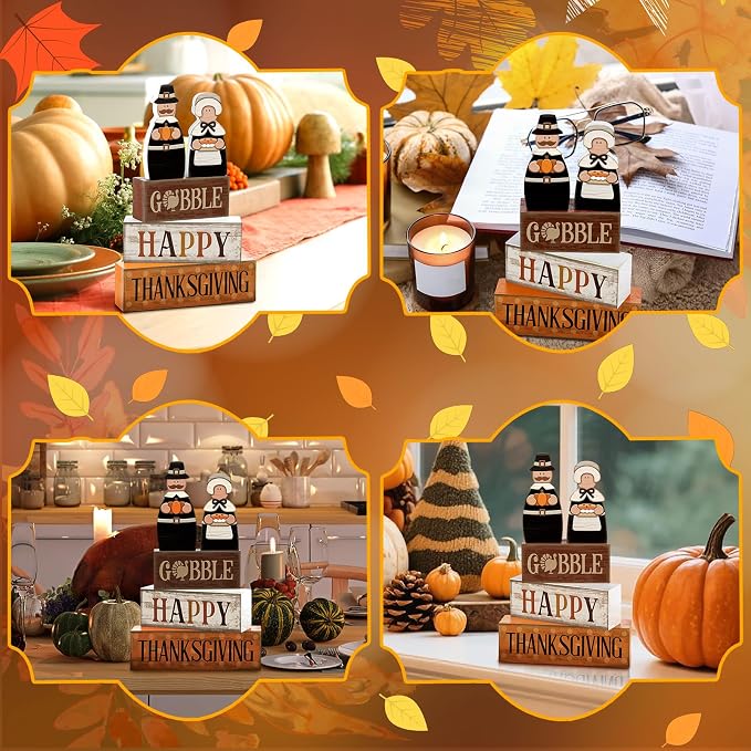 Lineshading 4 Pcs Thanksgiving Pilgrim Decor Wooden Block Signs Tray Set | Rustic Couple Figurines with Gobble Happy Signs, Farmhouse Centerpiece for Kitchen Table, Fall Tiered Display