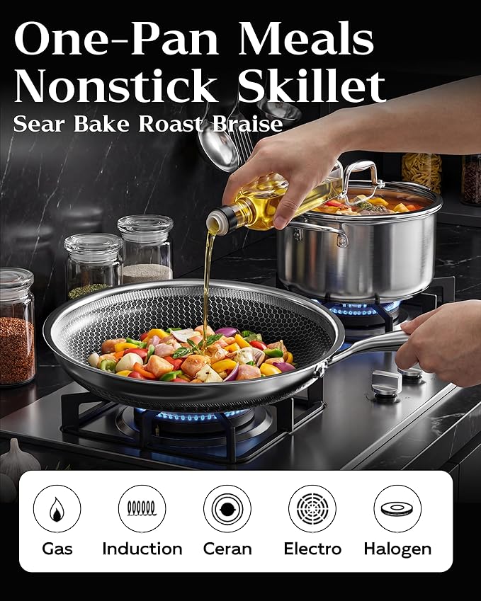 Nonstick Frying Pan with Lid 12-Inch, Durable Stainless Steel Skillet, Induction Cooktop Compatible, PFOA-Free Scratch-Proof, Dishwasher & Oven Safe, Stay-Cool Handle, Silver Kitchen Cookware