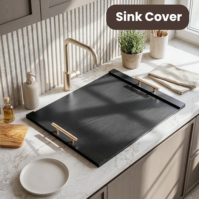 30 * 22" Wooden Stove Top Cover for Electric Stove and Gas Burners | Noodle Board Stove Cover with Handles, Kitchen Sink Cover for Counter Space & Tray