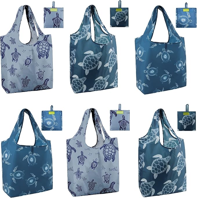 BeeGreen Sea Turtle Reusable Grocery Bags Large Tote Bag With Handles, Bulk Gift Foldable Shopping Bags for Women 6 Pack, Cute Cloth Bag, Heavy Duty, Washable For Beach, Holiday, Travel And Groceries