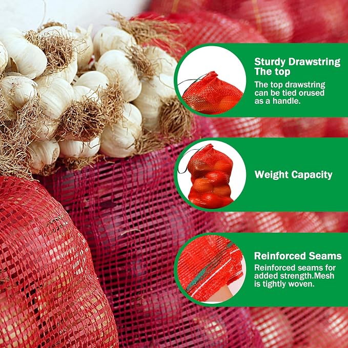 25 Pack 33 LB Mesh Onion Bags,14'' x 20'' Onion Produce Storage Bag,Reusable Breathable Vegetable Storage Net Bags with Drawstring for Onions Vegetables Potatoes Citrus Crawfish