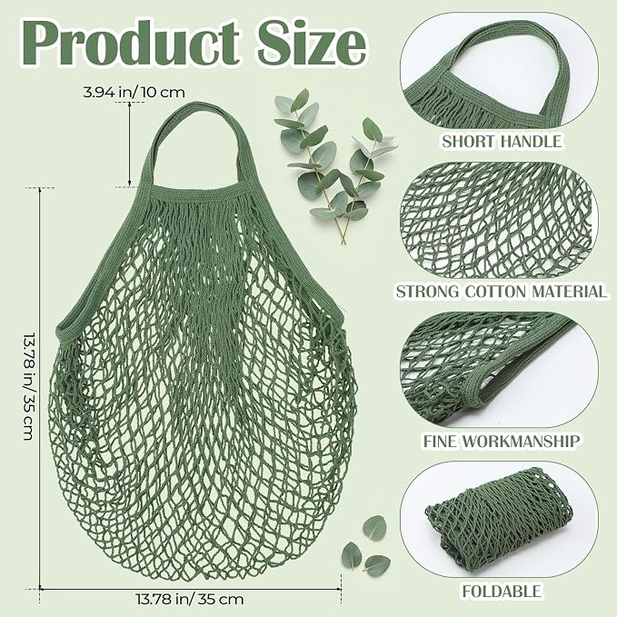Woanger 24 Pcs Green Short Handle Reusable Cotton Mesh Produce Shopping Bags Washable Grocery Net Portable Fruit and Vegetable Cotton String Bags Net Tote Organizer