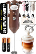 Zulay Kitchen Cow Milk Frother Wand – Cutesy Frother, Meet Your New Frothing Buddy Chocolate The Cow, Adoption Papers and Stickers Included, Purrr-fect for Lattes, Cappuccino & Matcha – Brown
