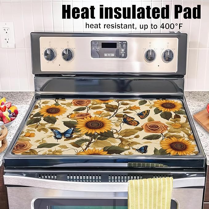 Vintage Sunflower Stove Top Covers for Electric Stove,Rustic Rose Butterfly Glass Top Stove Cover, Heat Resistant Range Covers for Electric Stove,Washable Countertop Mat, 28 x 20 Inch