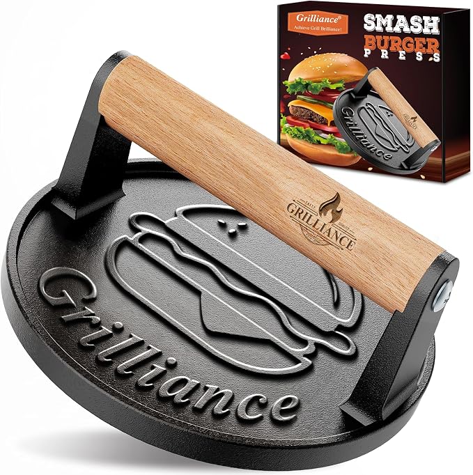 Grilliance Smash Burger Press Kit, Cast Iron Flat Round Hamburger Smasher 6.6" | Heavy Duty Burger with Wooden Handle ,Grill Press for Blackstone Griddle, Skillet, Flattop Grill Cooking