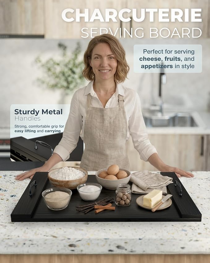Bluewest Gas Stove Burner Covers, Wooden Noodle Board with Handle, Black | Extra-thick wooden RV stovetop and sink cover doubles as a tray, creating extra kitchen counter space for prep and serving.