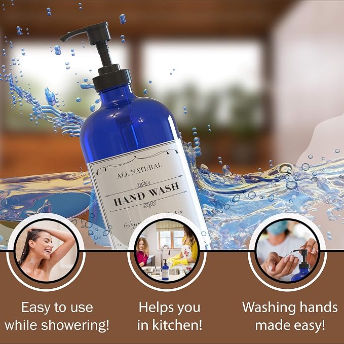 Cobalt Blue Glass Soap Dispenser with Pump, 16 oz | Blue Glass, Plastic Pump Hand and Dish, Bathroom and Kitchen Sink, Includes 6 Waterproof labels, (Pack of 2)