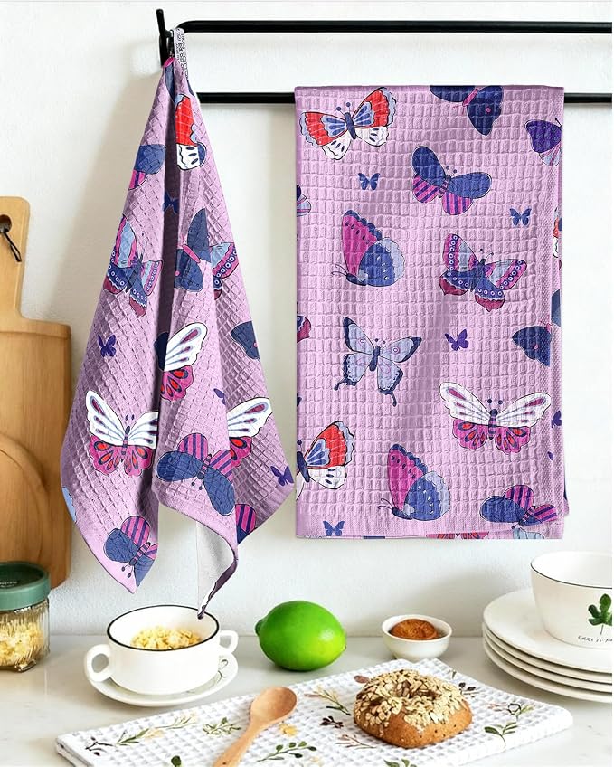 370GSM Cotton Waffle Kitchen Towels, Butterfly | Pure Cotton, Sustainable, Waffle Weave, Terry Cloth, Highly Absorbent, Decorative, 16"x25", with Hanging Loop