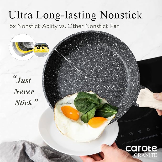 CAROTE10 inch Non Stick Black Frying Pan Skillet, PFOA-Free | Healthy Non Toxic Granite Kitchen Cookware, All Stovetops Compatible Skillet with Heat-Resistant Handle