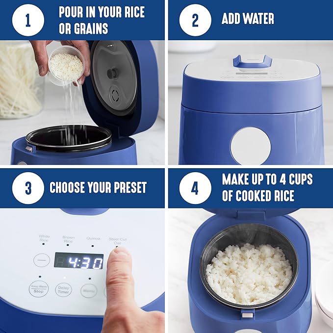 GreenLife Digital Rice Cooker, 2-Cups Uncooked/4-Cups Cooked, Navy Blue | PFAS-Free Ceramic Nonstick Coated 1.5QT Pot, One-Touch Presets, Oats, Quinoa, Brown Rice, Auto Warming, Fuzzy Logic Tech