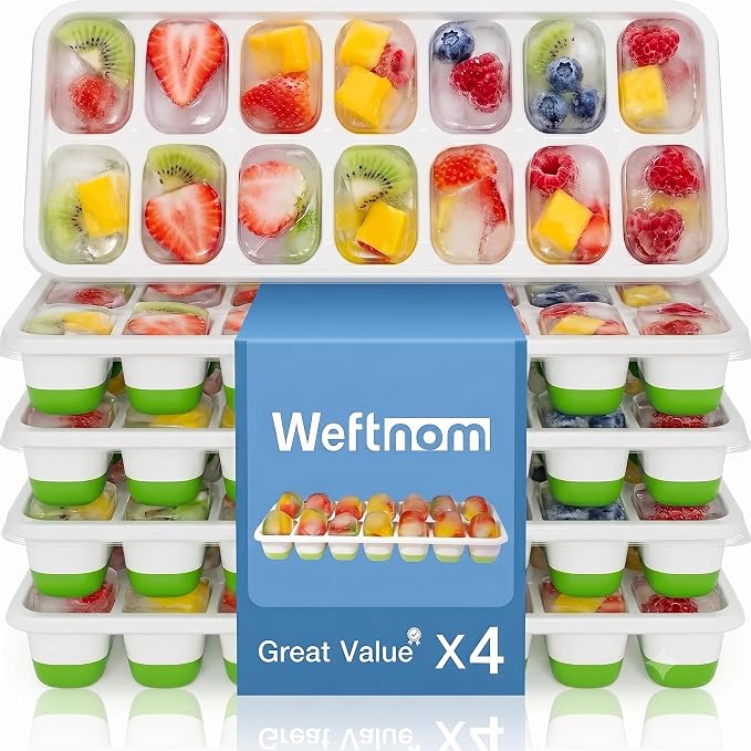 Ice Cube Trays with Lids for Freezer, 4 Pack Silicone Set, 56 Cubes | Easy-release reusable ice molds, sturdy PP frame, BPA-free; stackable & dishwasher safe for whiskey, cocktails & baby food