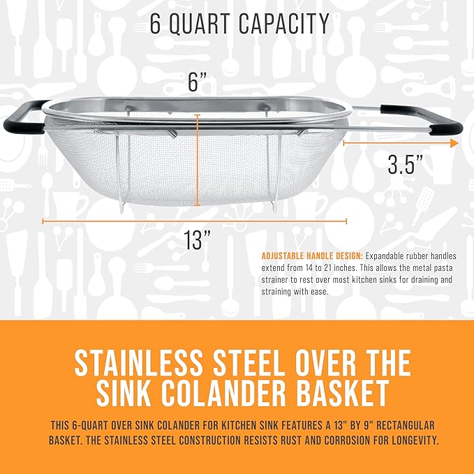 U.S. Kitchen Supply Stainless Steel Colander Strainer - 6-Quart Collapsible Colander with Expandable Rubber Handles - Rectangular Sieve, Fine Mesh Stainless Steel Strainers and Colanders for Kitchen