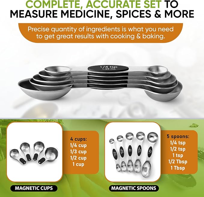 Spring Chef Magnetic Measuring Cups & Spoons Set of 9, Patented, Black | Stackable Stainless Steel Measuring Cups & Heavy Duty Metal Measuring Spoons with Levelers for Dry & Liquid Ingredients