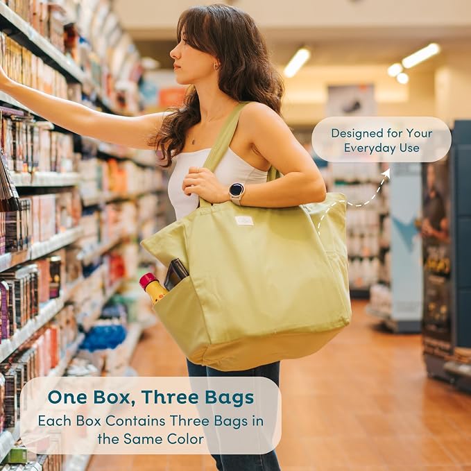 Nook Theory 3-Pack Reusable Grocery Bags - Heavy Duty, Large 12 Oz Cotton Canvas Reusable Shopping Bags With Pockets, 100% Cotton Cloth Grocery Totes, Foldable Multi Compartment (Deepblue)
