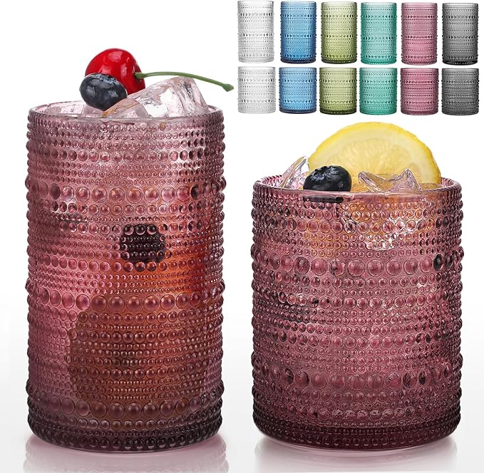 Moretoes Colored Hobnail Drinking Glasses Set of 12,Vintage Glass Cups | Mixed Glassware, 6pcs 12oz Highballs and 6pcs 10oz Old Fashioned Glasses, Great for Cocktail, Whisky and Other Beverages