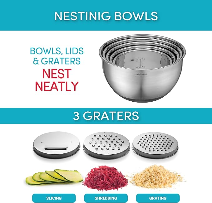 Belwares Mixing Bowls with Lids Set of 5 and 3 Graters, Stainless Steel | Non-Slip Silicone Base, Nesting Bowls Space-Saving for Baking, Food Prep, Storage, Dishwasher Safe, Airtight Lids, Black