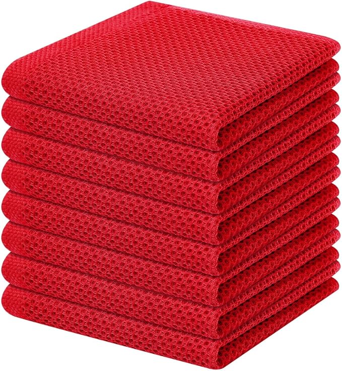Homaxy 100% Cotton Waffle Weave Kitchen Dish Cloths 8-Pack, Red | 12 x 12 Inches, Ultra Soft Absorbent Dish Towels, Quick Drying Dish Rags with Hanging Loop
