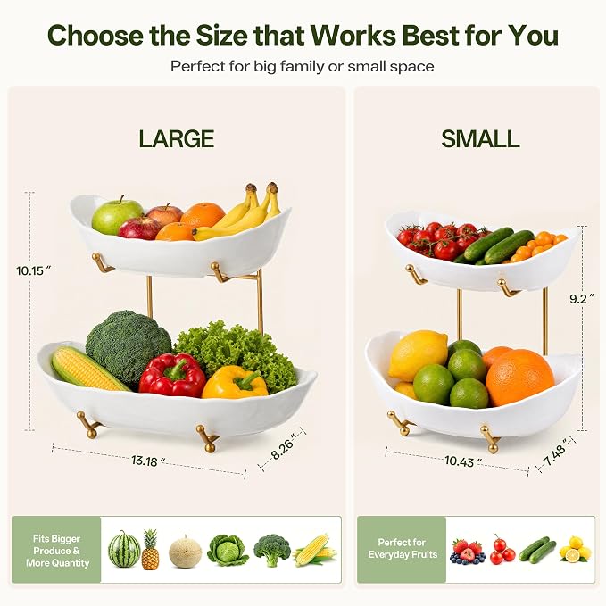 HBlife Large Tiered Fruit Bowl for Kitchen Counter - 2 Tier Ceramic Fruit Basket, Serving Trays for Party, Gold Rack