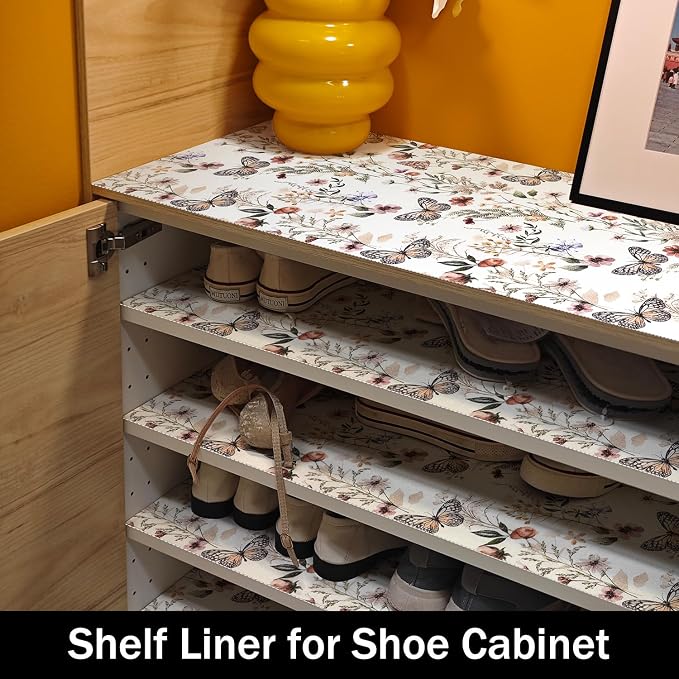 Floral Shelf Liners Non Adhesive Strong Non-Slip 16IN x 20FT | Shelf and Drawer Liners for Kitchen Cabinet Wire Fridge, Waterproof Shelf Drawer Liner,Easy to Clean,Butterfly