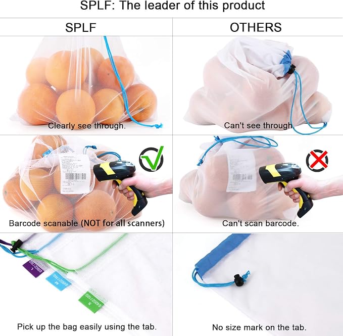 12 Pcs Heavy Duty Reusable Mesh Produce Bags | Barcode Scanable See Through Food Safe Mesh Bags with Drawstring for Fruits, Vegetable, Food, Toys, Grocery Storage