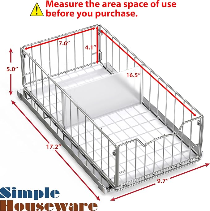Simple Houseware Pull-Out Cabinet Sliding Basket, 17.2Dx9.7Wx5H, Chrome | Ideal for Kitchen and Bathroom Cabinet Storage Organizer, Under Sink or Pantry Organization