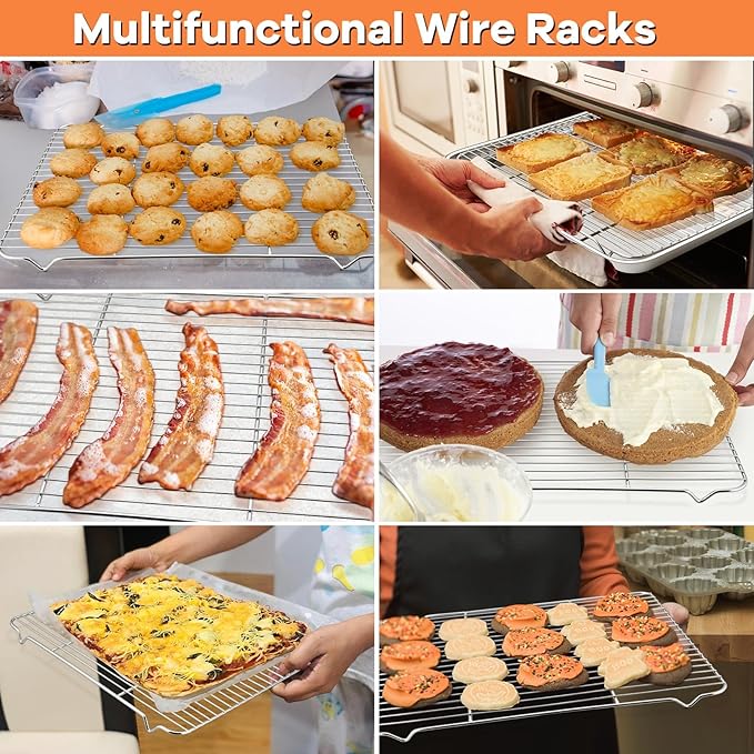 P&P CHEF Cooling Baking Rack Stainless Steel, 16.6" x 11.5", 2 Pcs, Silver | Cooling Racks for Cooking Baking Roasting Grilling Drying, Dense Wires & Smooth Edge, Easy to Clean